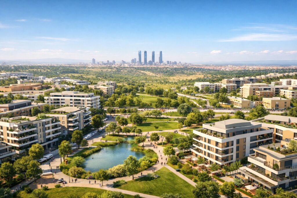 Vista conceptual de Los Cerros en Madrid, un nuevo desarrollo urbano diseñado para combinar vivienda moderna, sostenibilidad y amplias zonas verdes en un entorno equilibrado.